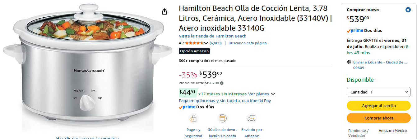 Hamilton Beach Olla de Cocción Lenta, 3.78 Litros, Cerámica, Acero Inoxidable (33140V) | Acero inoxidable 33140G