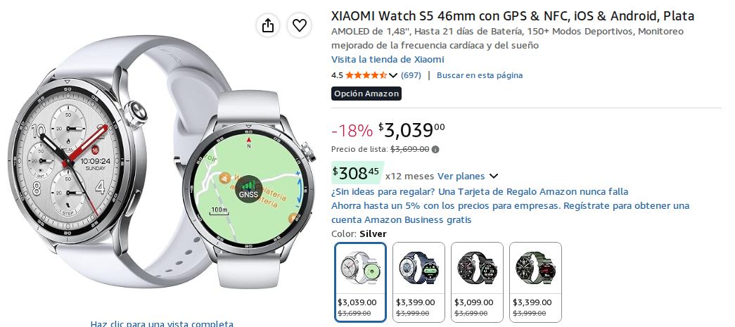 XIAOMI Watch S5 46mm con GPS & NFC, iOS & Android, Plata