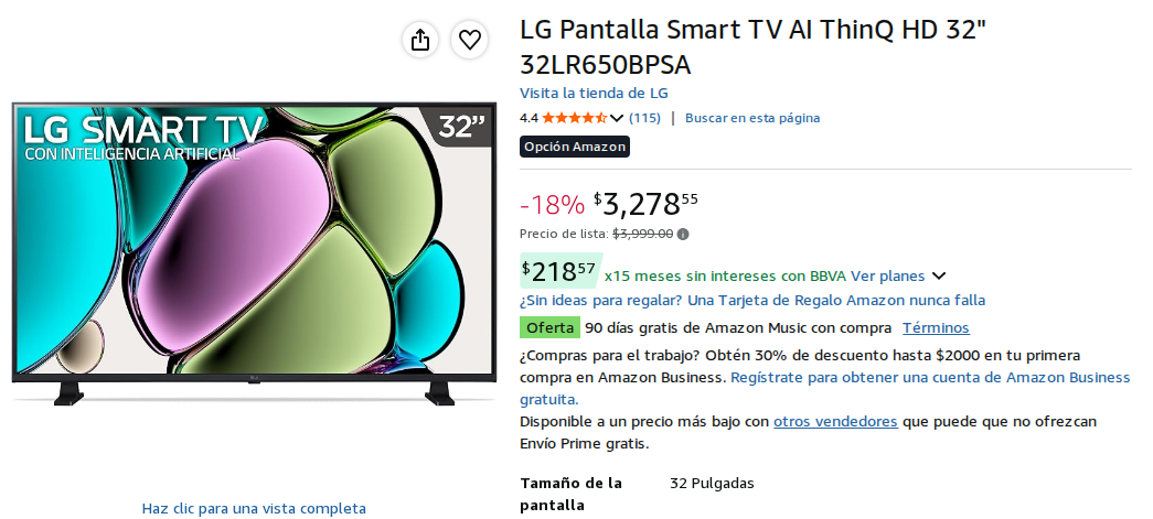 LG Pantalla Smart TV AI ThinQ HD 32" 32LR650BPSA