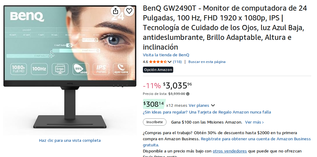BenQ GW2490T - Monitor de computadora de 24 Pulgadas, 100 Hz, FHD 1920 x 1080p, IPS | Tecnología de Cuidado de los Ojos, luz Azul Baja, antideslumbrante, Brillo Adaptable, Altura e inclinación