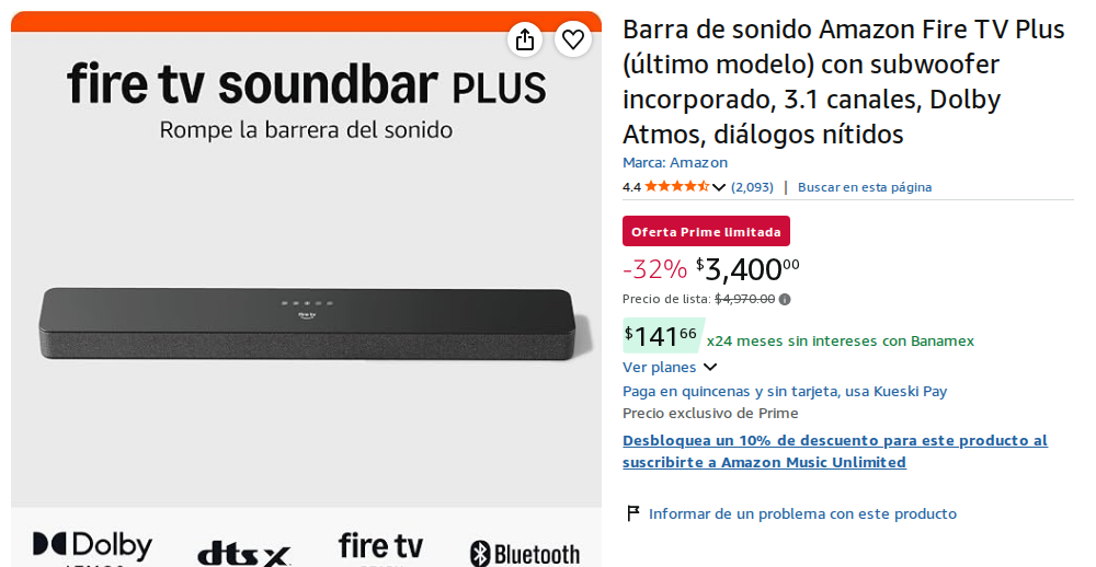 Barra de sonido Amazon Fire TV Plus (último modelo) con subwoofer incorporado, 3.1 canales, Dolby Atmos, diálogos nítidos
