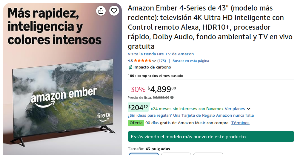 Amazon Ember 4-Series de 43" (modelo más reciente): televisión 4K Ultra HD inteligente con Control remoto Alexa, HDR10+, procesador rápido, Dolby Audio, fondo ambiental y TV en vivo gratuita