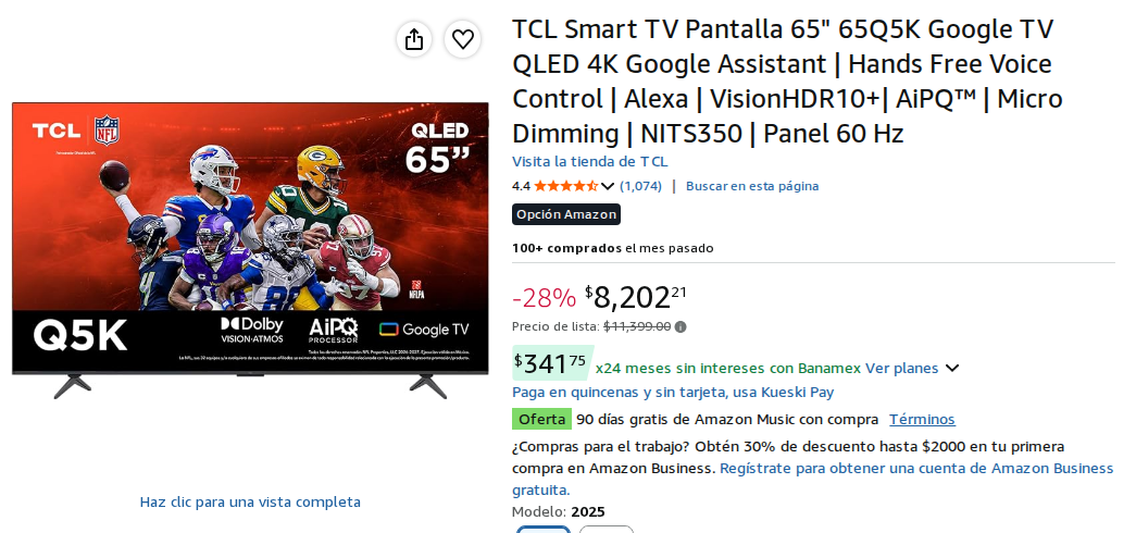 TCL Smart TV Pantalla 65" 65Q5K Google TV QLED 4K Google Assistant | Hands Free Voice Control | Alexa | VisionHDR10+| AiPQ™ | Micro Dimming | NITS350 | Panel 60 Hz
