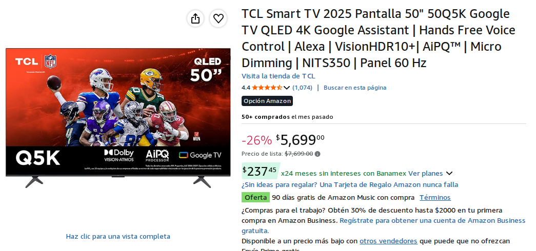 TCL Smart TV 2025 Pantalla 50" 50Q5K Google TV QLED 4K Google Assistant | Hands Free Voice Control | Alexa | VisionHDR10+| AiPQ™ | Micro Dimming | NITS350 | Panel 60 Hz