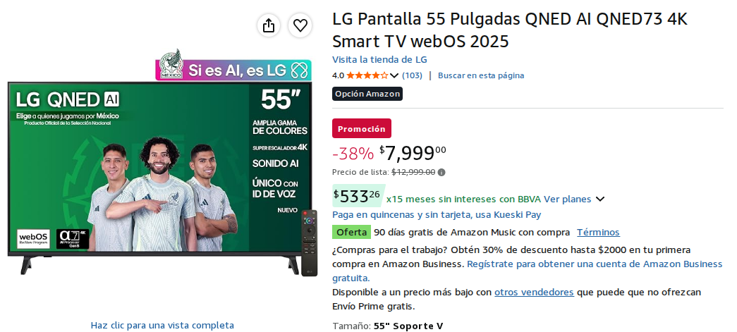 LG Pantalla 55 Pulgadas QNED AI QNED73 4K Smart TV webOS 2025